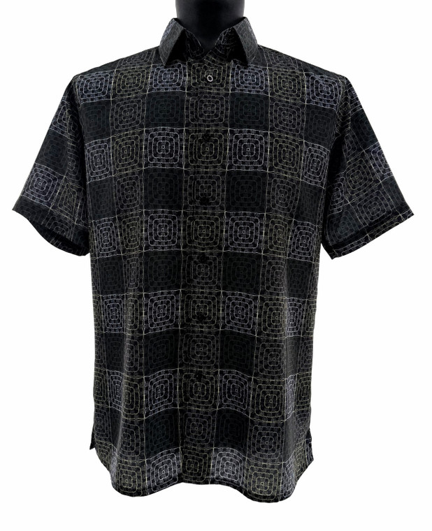 Bassiri Short Sleeve Camp Shirt - Artistic Square Pattern in Black with White