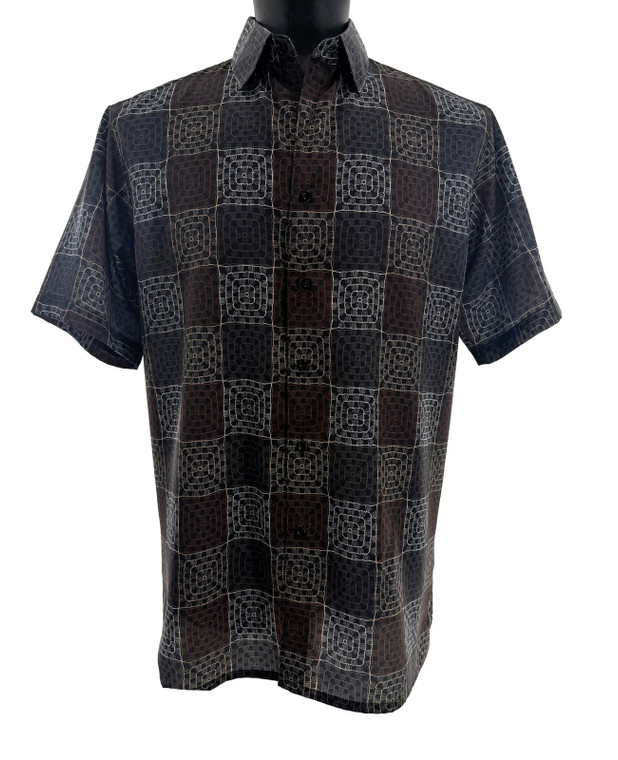 Bassiri Short Sleeve Camp Shirt - Artistic Square Pattern in Black with Brown