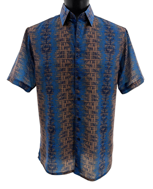 Bassiri Short Sleeve Camp Shirt - Brown & Blue Abstract Vertical Graph Pattern