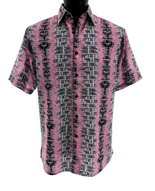 Bassiri Short Sleeve Camp Shirt - Pink & Black Abstract Vertical Graph Pattern