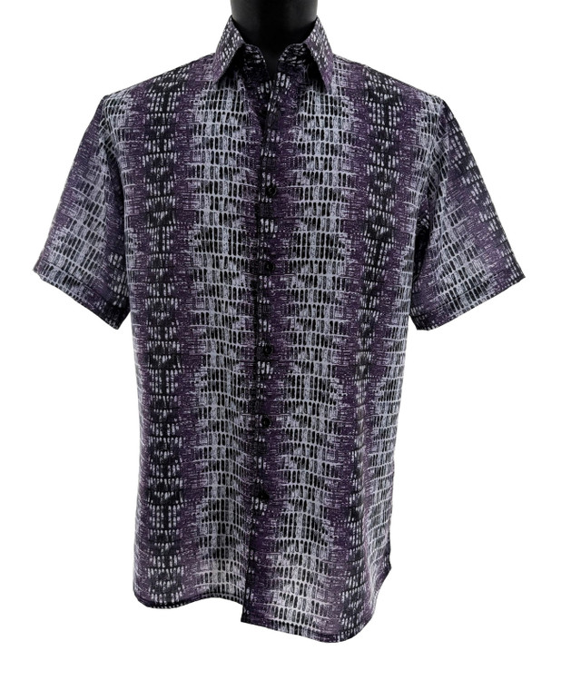 Bassiri Short Sleeve Camp Shirt - Purple & Black Abstract Vertical Graph Pattern