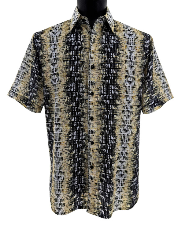 Bassiri Short Sleeve Camp Shirt - Yellow & Black Abstract Vertical Graph Pattern
