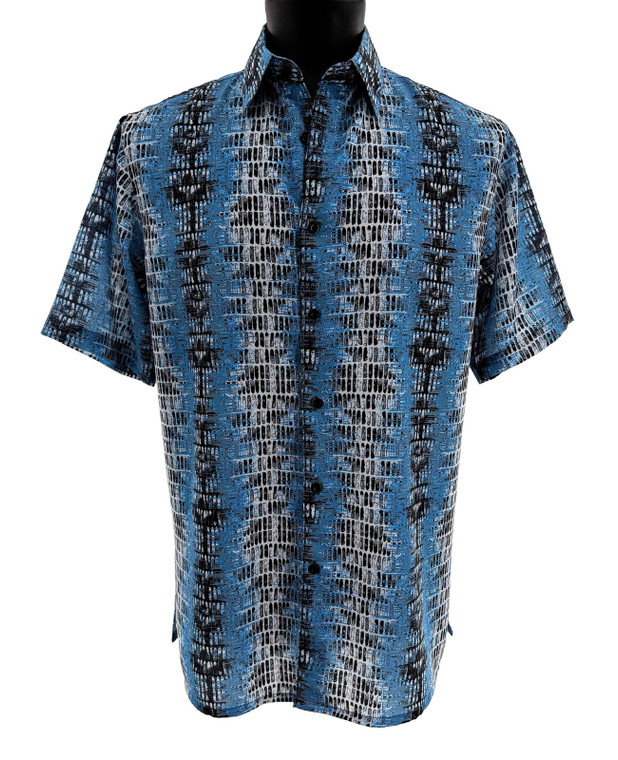 Bassiri Short Sleeve Camp Shirt - Black & Blue Abstract Vertical Graph Pattern