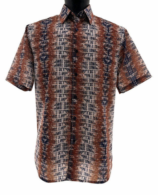 Bassiri Short Sleeve Camp Shirt - Bronze & Black Abstract Vertical Graph Pattern