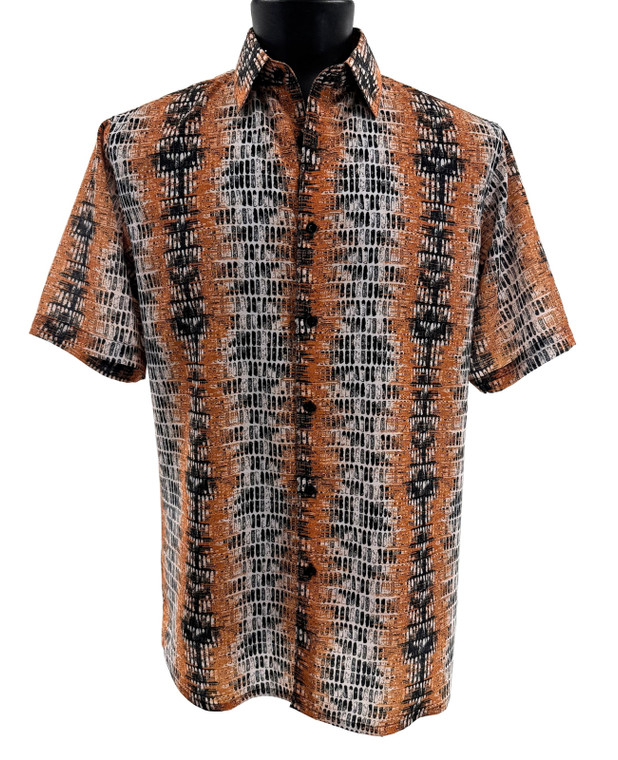 Bassiri Short Sleeve Camp Shirt - Orange & Black Abstract Vertical Graph Pattern