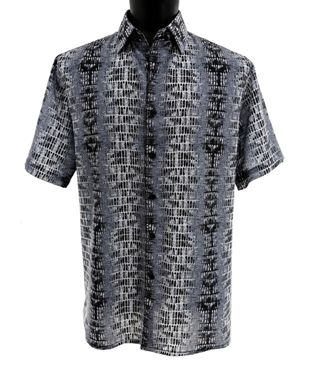 Bassiri Short Sleeve Camp Shirt - Grey & Black Abstract Vertical Graph Pattern