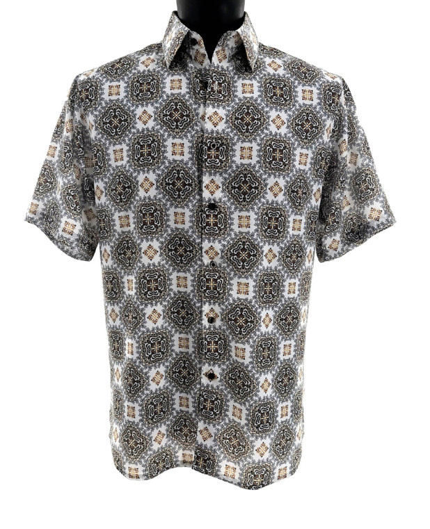 Bassiri Short Sleeve Camp Shirt - Large Medallion Design in Brown, Tan & White