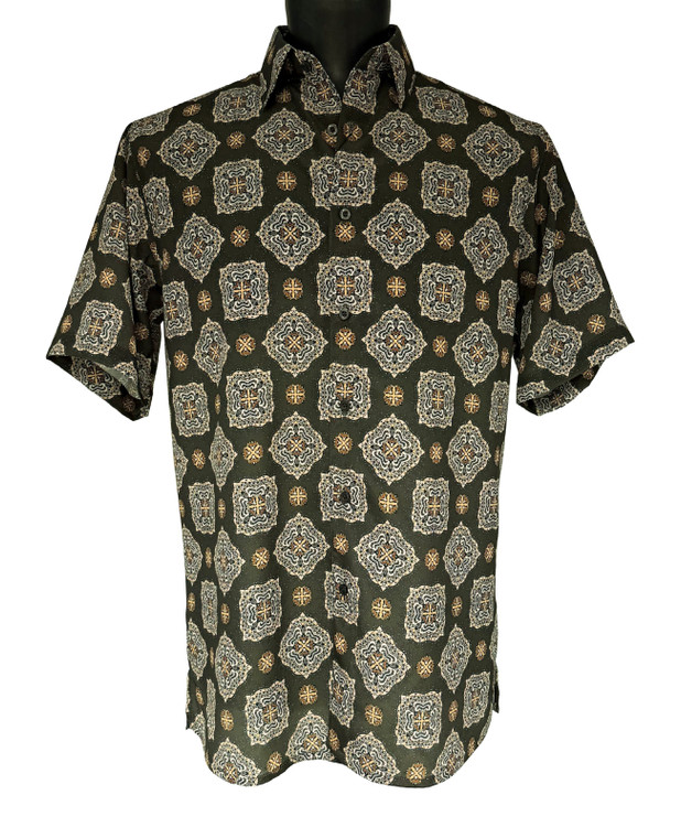 Bassiri Short Sleeve Camp Shirt - Large Medallion Design in Olive Green & Tan