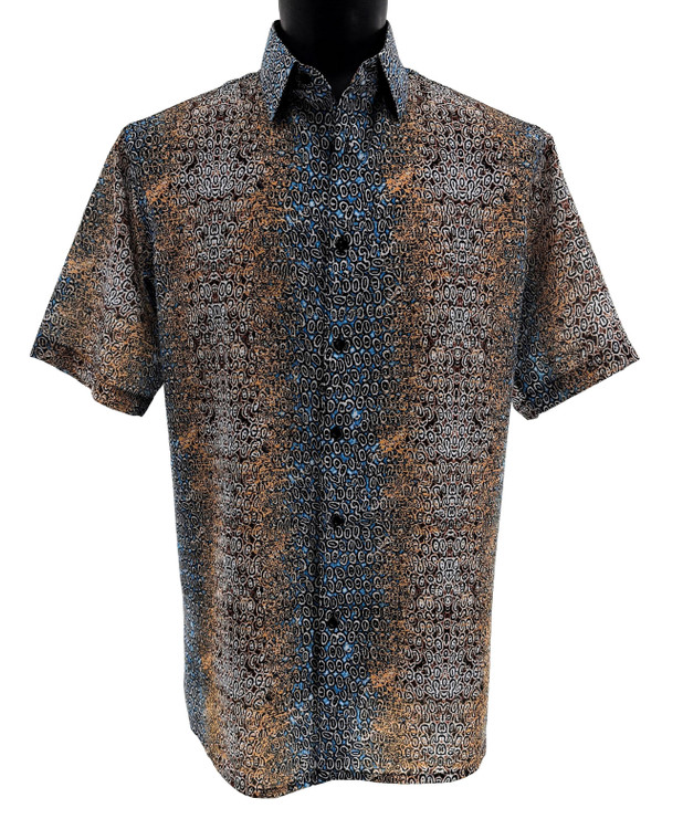 Bassiri Short Sleeve Camp Shirt - Blue and Brown Abstract Pebble Pattern 