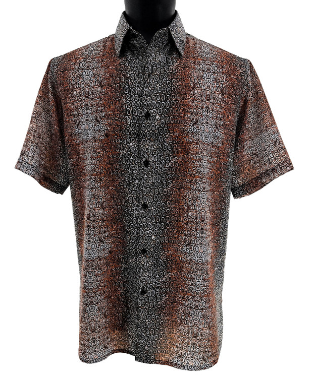 Bassiri Short Sleeve Camp Shirt - Copper & Black Abstract Pebble Pattern 