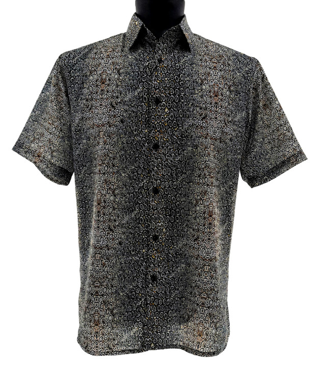 Bassiri Short Sleeve Camp Shirt - Brown & Black Abstract Pebble Pattern 