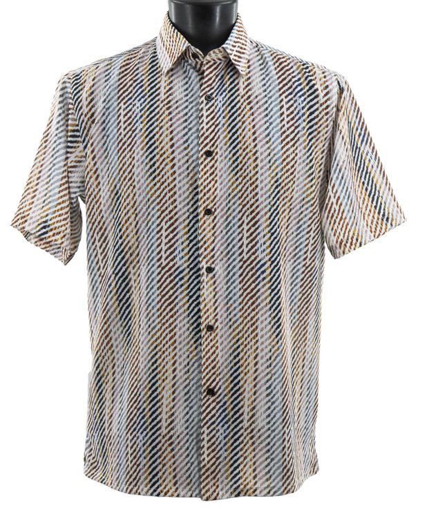 Bassiri Short Sleeve Camp Shirt - Diagonal Jagged Line Design in Earth Tones