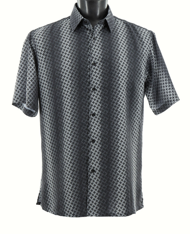 Bassiri Short Sleeve Camp Shirt - White on Black Tonal Grid Design