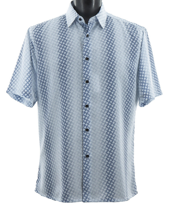 Bassiri Short Sleeve Camp Shirt - Blue Tonal Grid Design