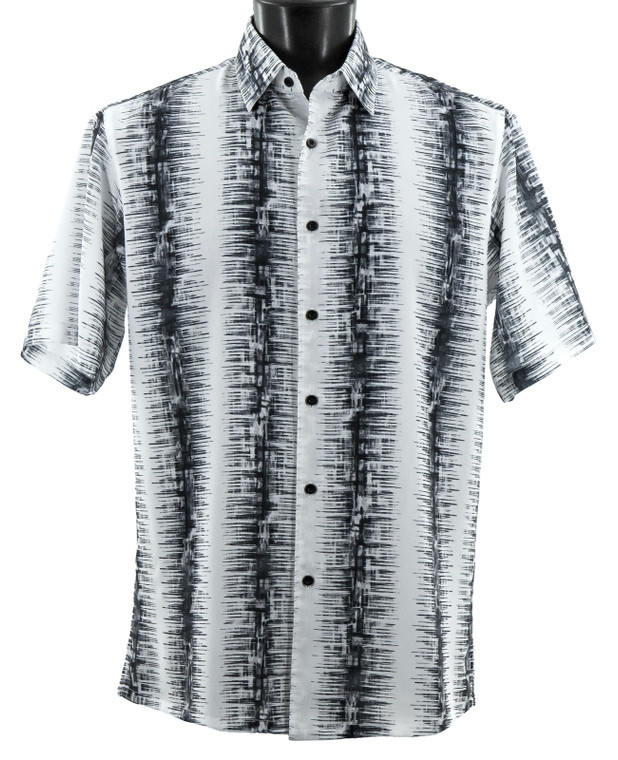 Bassiri Short Sleeve Camp Shirt - Black on White Optical Vertical Pattern