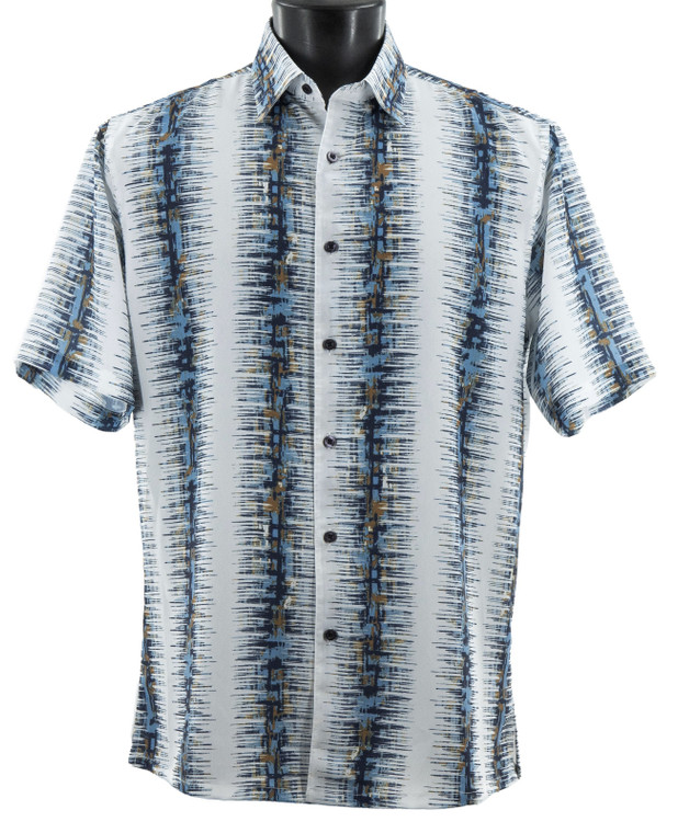 Bassiri Short Sleeve Camp Shirt - Blue on White Optical Vertical Pattern