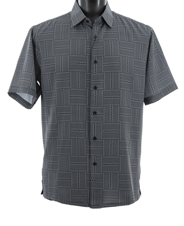 Bassiri Short Sleeve Camp Shirt - Black Dotted Square Pattern