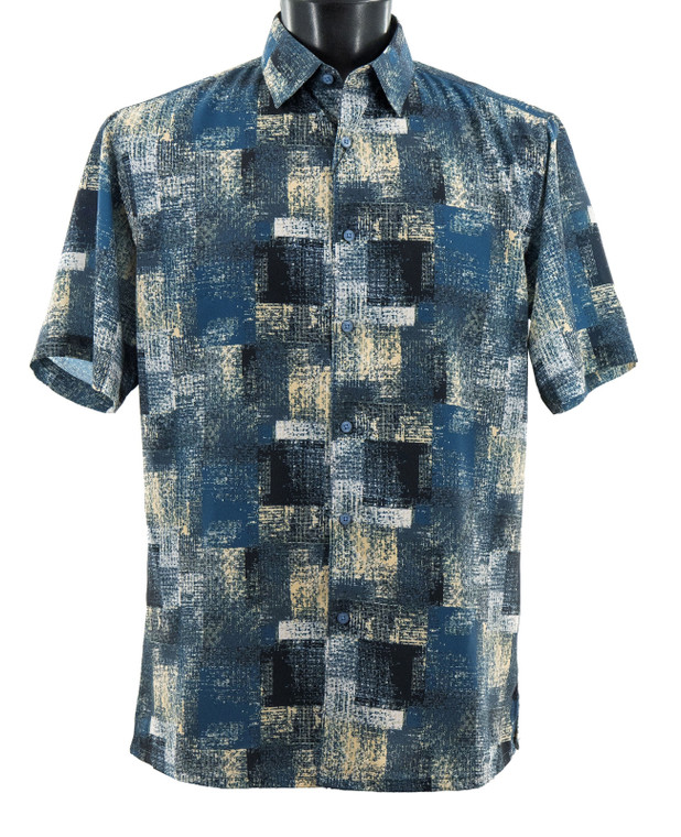 Bassiri Short Sleeve Camp Shirt - Blue Mix Blurry Block Design 