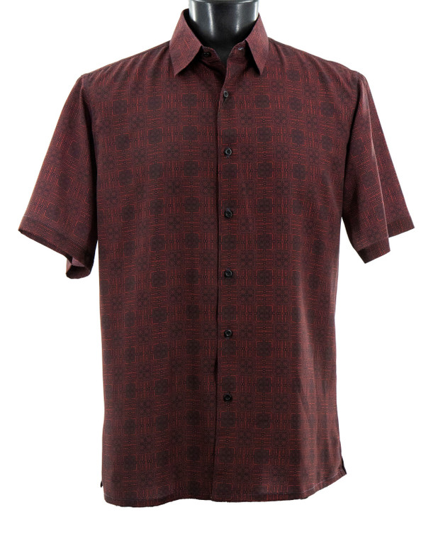 Bassiri Short Sleeve Camp Shirt - Square & Dash Design in Burgundy