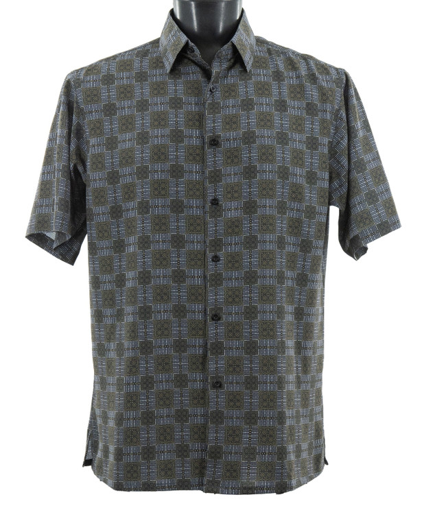 Bassiri Short Sleeve Camp Shirt - Square & Dash Design in Olive