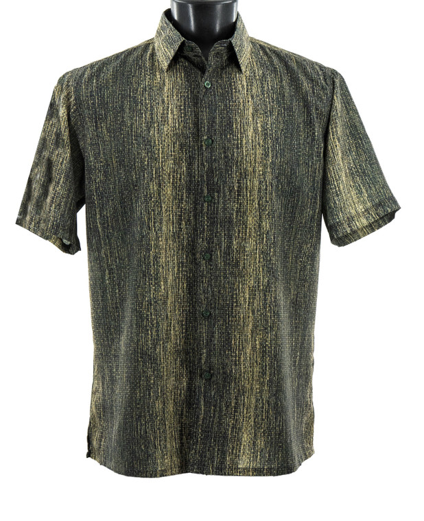 Bassiri Short Sleeve Camp Shirt - Olive Green Grass Cloth Pattern