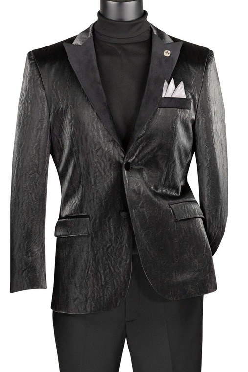 Vinci Modern Fit Faux Crinkle Leather & Velvet Blazer - Black