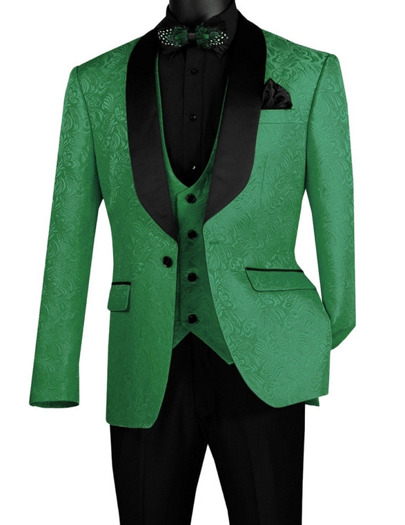 Vinci 3 Piece Green Floral Embossed Tuxedo with Matching Vest - Slim Fit