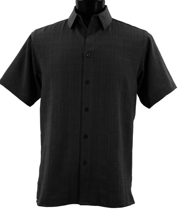 Bassiri Plaid Tonal Weave Short Sleeve Camp Shirt - Black