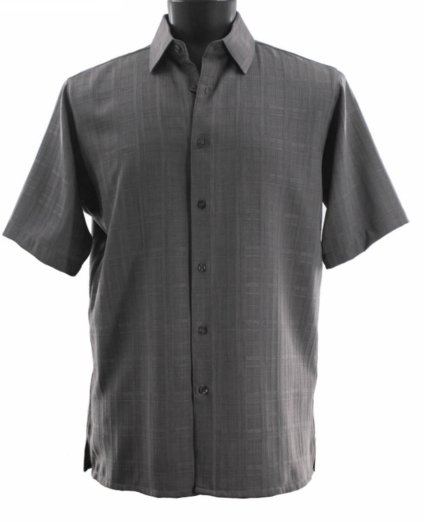 Bassiri Plaid Tonal Weave Short Sleeve Camp Shirt - Grey