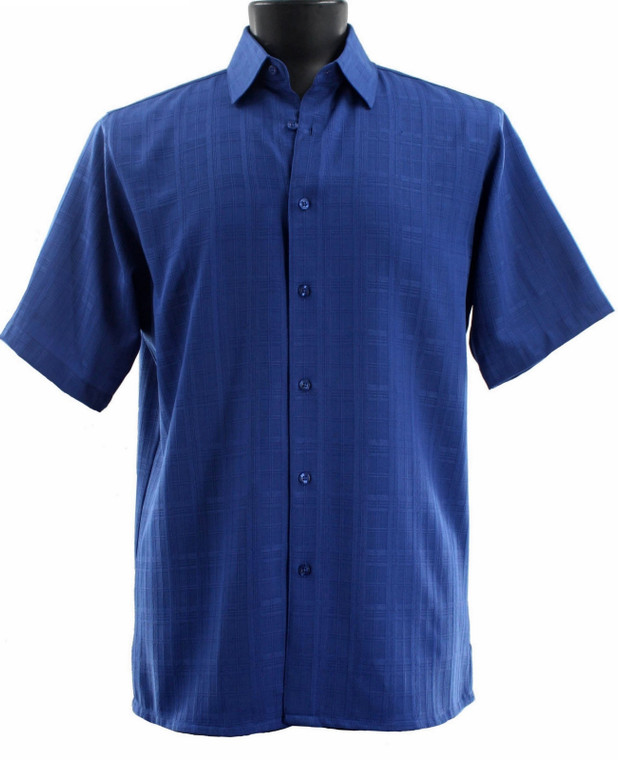 Bassiri Plaid Tonal Weave Short Sleeve Camp Shirt - Royal Blue