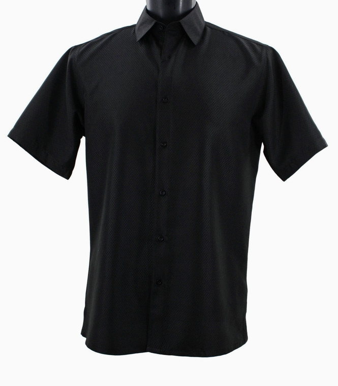 Bassiri Tiny Dot Weave Short Sleeve Camp Shirt - Black