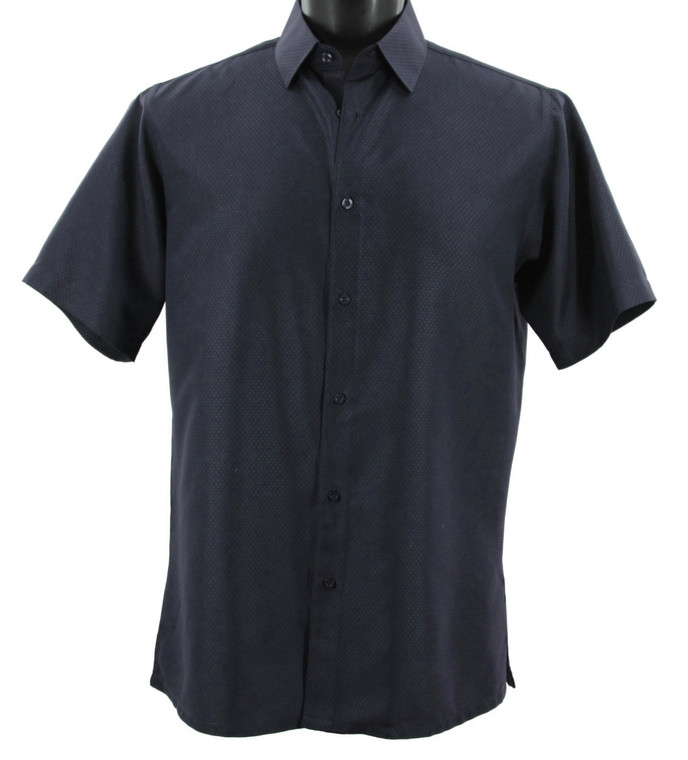 Bassiri Tiny Dot Weave Short Sleeve Camp Shirt - Navy Blue