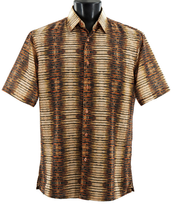 Bassiri Abstract Horizontal Waves Short Sleeve Camp Shirt - Copper