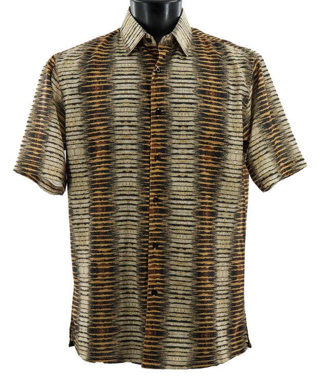 Bassiri Abstract Horizontal Waves Short Sleeve Camp Shirt - Golden