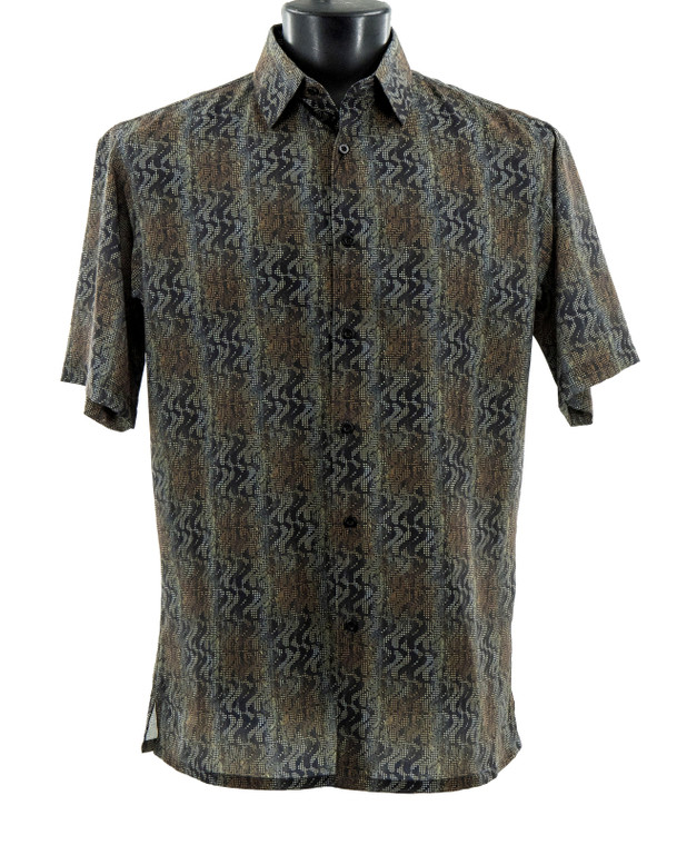 Bassiri Short Sleeve Camp Shirt - Black & Brown Wavy Ribbon Stripes