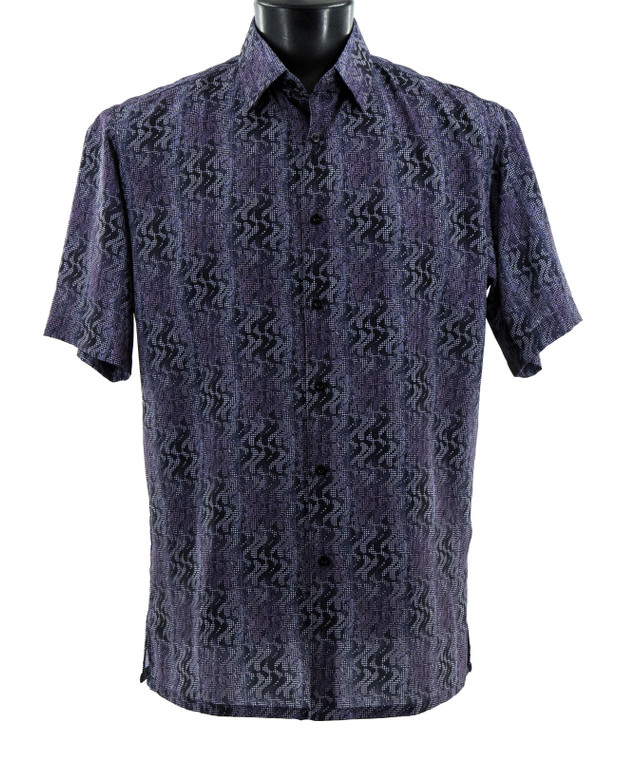 Bassiri Short Sleeve Camp Shirt - Purple Wavy Ribbon Stripes
