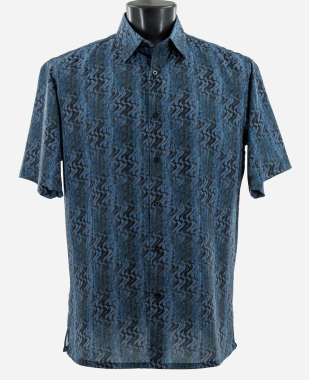 Bassiri Short Sleeve Camp Shirt - Blue Wavy Ribbon Stripes