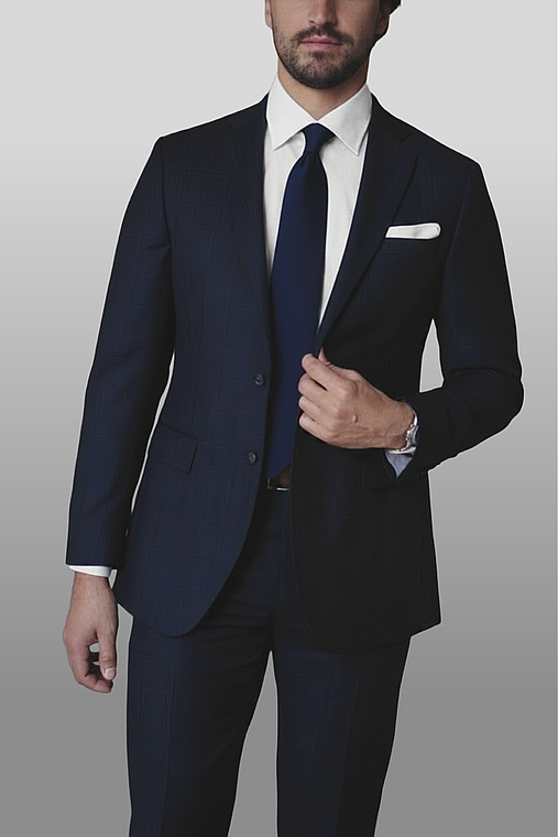 Barocci Super 130's Italian Wool Suit - Trim Fit - Subtle Navy Plaid