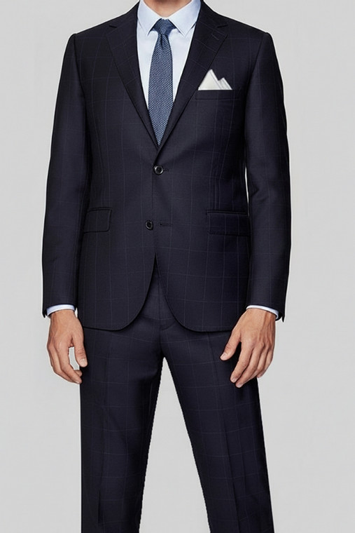 Barocci Super 130's Blue Windowpane Italian Suit - Flat Front Slacks - Classic Fit
