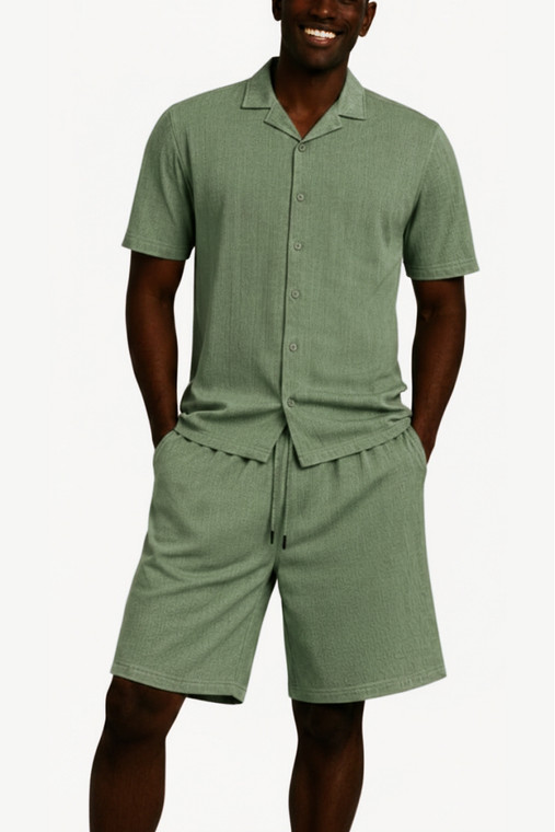 Sangi Textured Weave 2- Piece Walking Shorts Set - Sage Green