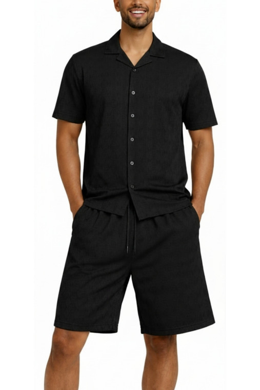 Sangi Textured Weave 2- Piece Walking Shorts Set - Black