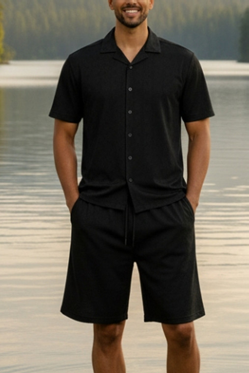Sangi Textured Weave 2- Piece Walking Shorts Set - Black