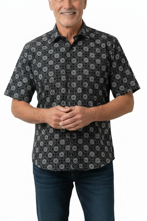 Leonardo Valenti 100% Cotton Short Sleeve Sports Shirt - Black Medallion 