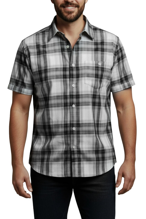 Leonardo Valenti 100% Cotton Short Sleeve Sports Shirt - Charcoal Plaid