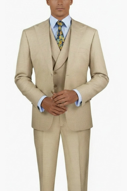 Vinci 2-Button Light Taupe Textured Weave Suit with DB Vest - Modern Fit