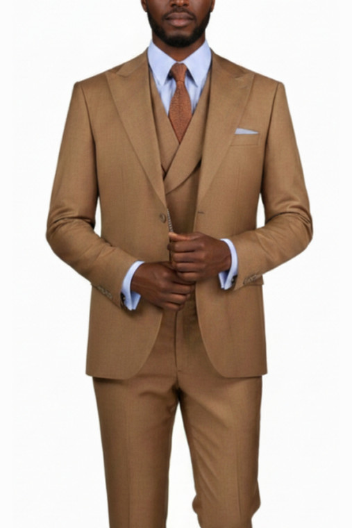 Vinci 2-Button Light Brown Textured Weave Suit with DB Vest - Modern Fit