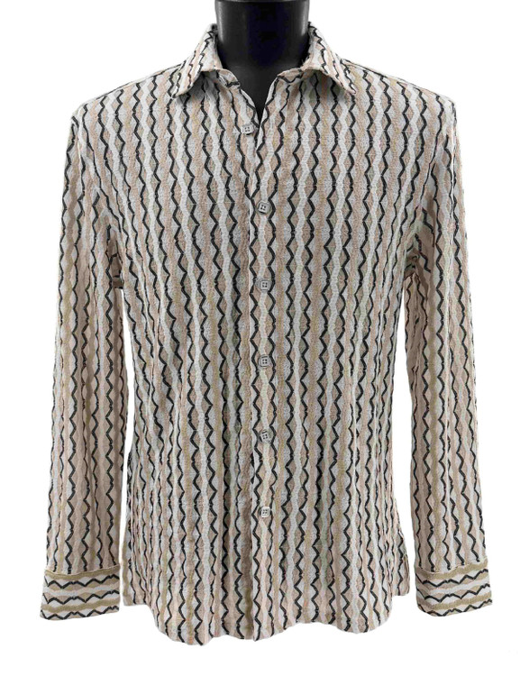 Bassiri Weaved Chenille Knit Long Sleeve Shirt -  Beige Vertical Arrow Stripes