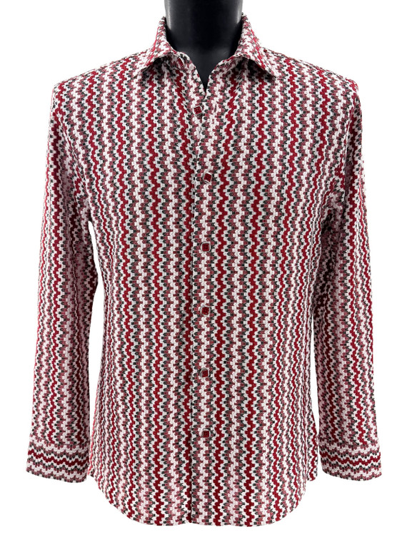 Bassiri Weaved Chenille Knit Long Sleeve Shirt - Red Jagged Lines 