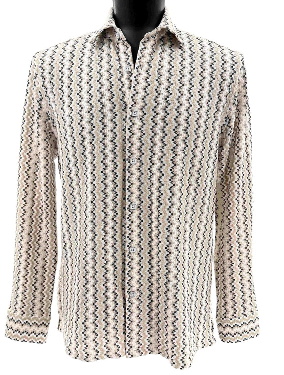 Bassiri Weaved Chenille Knit Long Sleeve Shirt - Tan & Black Jagged Lines 