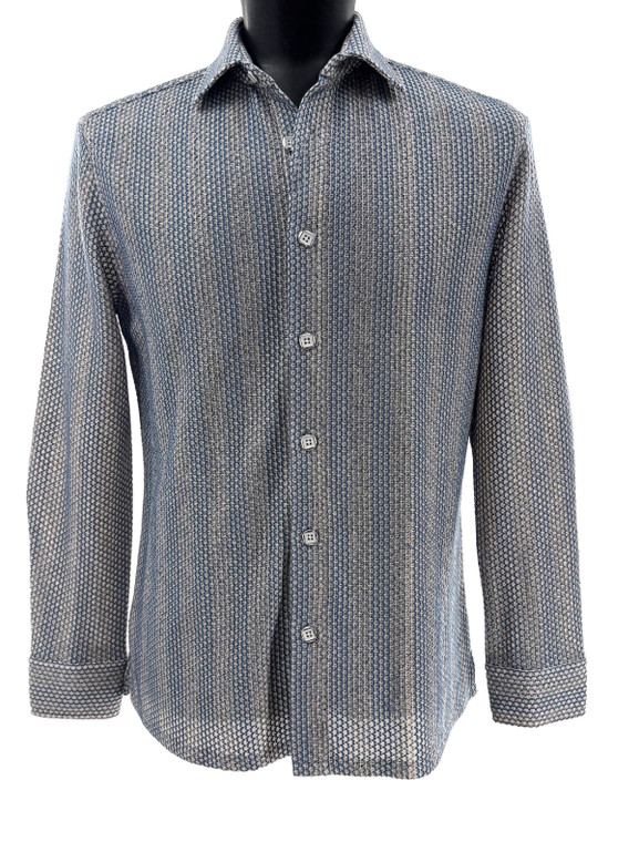 Bassiri Weaved Chenille Knit Long Sleeve Shirt - Blue & Grey Broad Stripes
